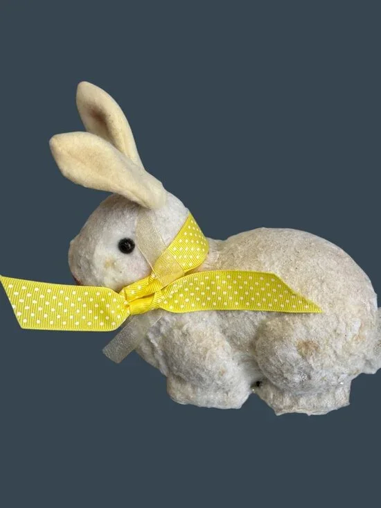 Vintage Flocked Easter Bunny Rabbit Yellow Ribbon 8" Decor Spring Display Worn - Picture 2 of 9